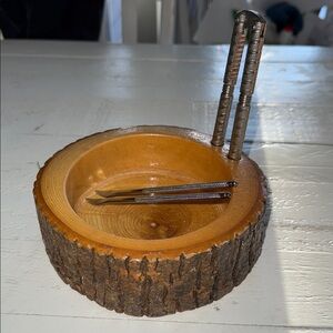 1970s rustic vintage Wooden rough cut  nut cracking Bowl with Metal nutcrackers